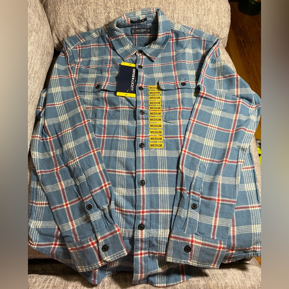 Lucky Brand, classic fit, blue plaid flannel, size small or medium
